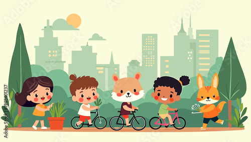 A cheerful illustration of a young girl lovingly caring for a potted plant. Perfect for themes of growth, nurturing, and a connection with nature, ide