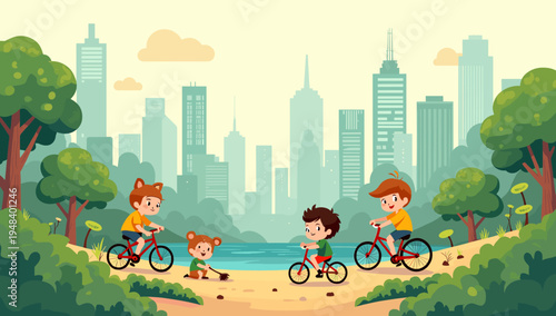 A cheerful illustration depicting a person enjoying a bike ride through a lush green park.  Ideal for content relating to wellness, outdoor activity, 