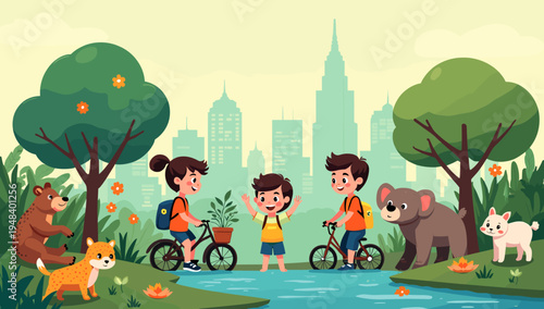 This cheerful illustration depicts a bear and a fox playfully interacting in a vibrant forest, perfect for children's books, educational materials, or