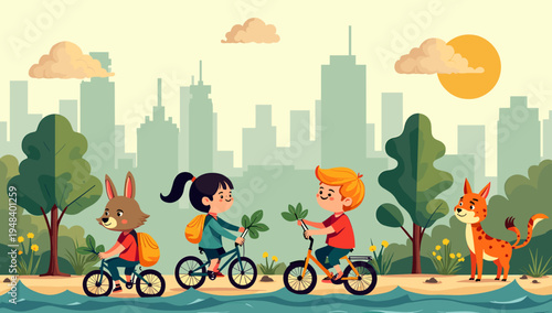 A charming illustration depicting a rabbit enjoying a bike ride in a park. Perfect for children's content, spring themes, or promoting healthy outdoor