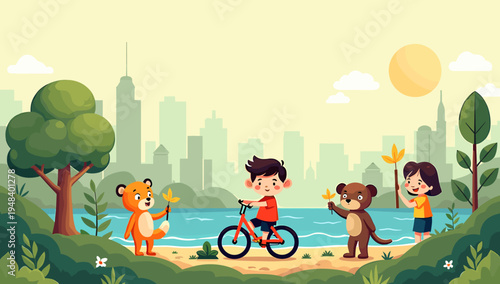 This vibrant, stylized illustration depicts a lush tree near a body of water, evoking a peaceful and natural ambiance. Ideal for use in environmental 