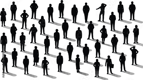 Cuadro en lienzo Large set of standing people vector silhouettes with shadows featuring diverse male and female figures for architectural site plans and urban visualization