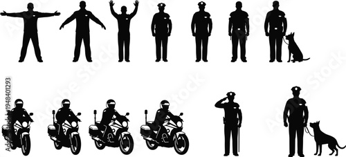 Black silhouette vector illustration of police officers, K-9 units, and motorcycle patrols in multiple poses, symbolizing law enforcement, security, and authority themes