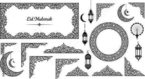 Eid mubarak islamic decorative lantern crescent moon floral vector designEid mubarak islamic decorative lantern crescent moon floral vector design