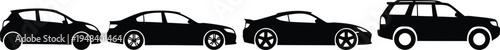 car, vehicle, automobile, transportation lineup of four distinct black car icons 