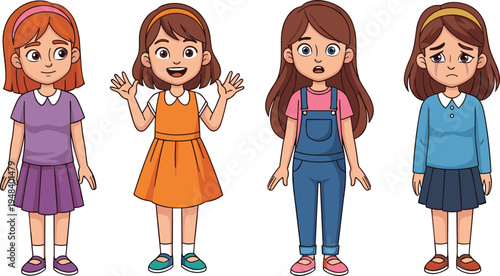 Cartoon set of little girl characters showing different facial expressions and emotions including being happy surprised shocked and crying with tears