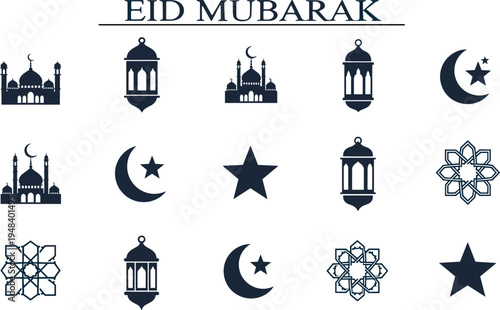 Islamic eid mubarak icons set with mosque lantern crescent moon and starIslamic eid mubarak icons set with mosque lantern crescent moon and star