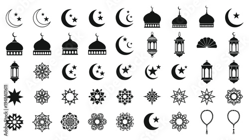 Islamic ramadan eid vector icons set with mosque lantern crescent moon prayer beadsIslamic ramadan eid vector icons set with mosque lantern crescent moon prayer beads