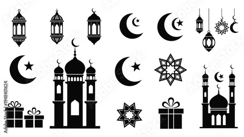 Islamic ramadan eid vector icons set with mosque lantern crescent moon star giftIslamic ramadan eid vector icons set with mosque lantern crescent moon star gift