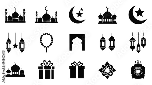 Islamic ramadan eid vector icons set with mosque lantern crescent star prayer beads giftIslamic ramadan eid vector icons set with mosque lantern crescent star prayer beads gift