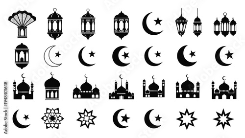 Islamic ramadan icons set with hand fan mosque crescent and star shapesIslamic ramadan icons set with hand fan mosque crescent and star shapes