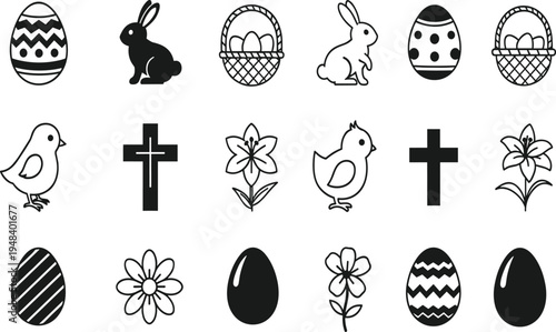 Black and white Easter including eggs rabbits chicks crosses and flowers easter eggs decorated eggs