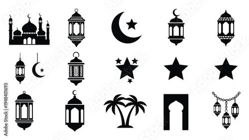 Islamic ramadan elements with palm trees mosque lantern moon and archIslamic ramadan elements with palm trees mosque lantern moon and arch