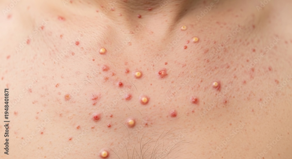 Fototapeta premium A close-up view showing severe acne breakouts and inflamed pustules on a person's upper chest area