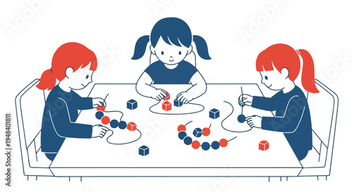 Three young children with red and blue hair are shown sitting at a table, actively engaged in a beading and block-stacking activity.