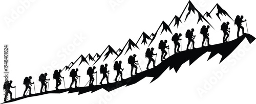 Black silhouette vector illustration of sixteen hikers ascending mountain trail with backpacks and walking sticks, symbolizing teamwork, adventure, perseverance, and outdoor exploration themes