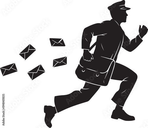 Silhouette of a running mail carrier with letters flying out of bag