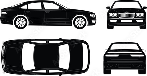 Luxury sedan car vector blueprint featuring side, front, back, and top view silhouettes for automotive industry branding, vehicle wrap design, transport logistics, and modern car dealership marketing.
