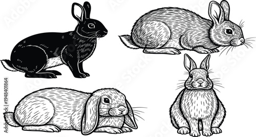 Four rabbits in different poses and fur textures black and white animals furry whiskers