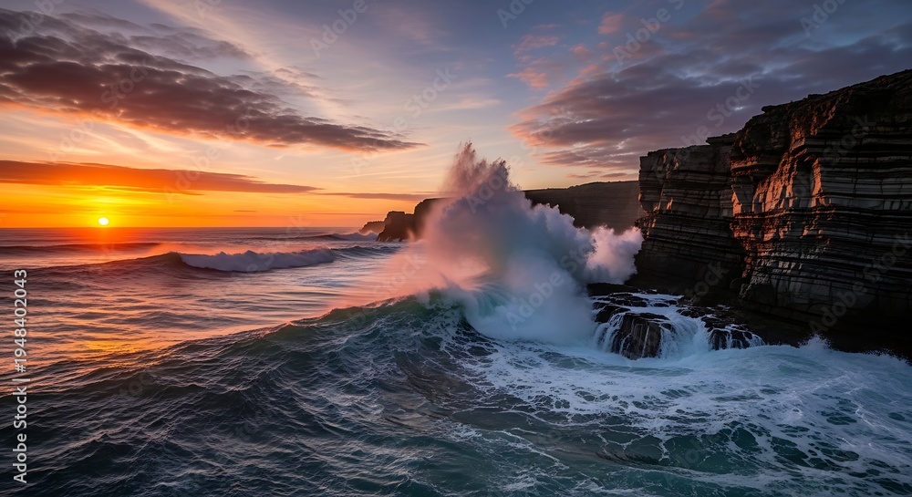 Fototapeta premium Powerful ocean wave crashes violently against dark, stratified coastal cliffs during a dramatic orange sunset over the water.