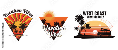 A collection of vibrant vacation themed graphic designs featuring sunsets palm trees and retro vehicles