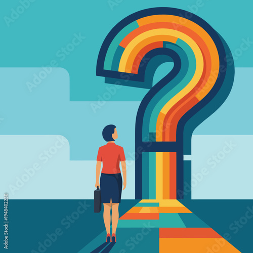 This vibrant illustration showcases a person standing before a large, colorful question mark, symbolizing important life choices and the journey of self-discovery and career paths.