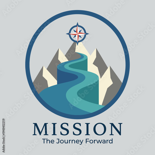 A motivating illustration representing a journey forward, with a winding path, mountain peaks, and a compass, symbolizing exploration, adventure, and determination.