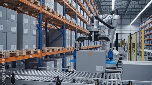 Industrial robots assembling packages on shelving unit in warehouse with storage boxes