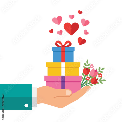 A vibrant illustration of a hand holding colorful gift boxes surrounded by hearts, symbolizing love and joy, perfect for occasions such as birthdays or Valentine's Day.