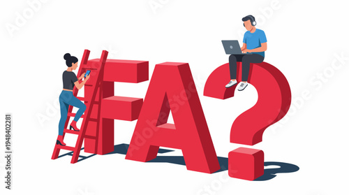 An engaging scene depicting a woman on a ladder and a man sitting on a giant red 'FA?' symbol, representing curiosity and exploration in the digital world.