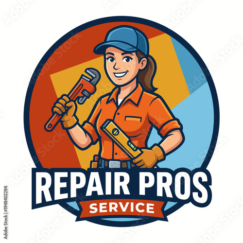 A vibrant logo illustration featuring a skilled female technician holding tools, symbolizing reliability and expertise in repair services, ideal for branding service-oriented businesses.