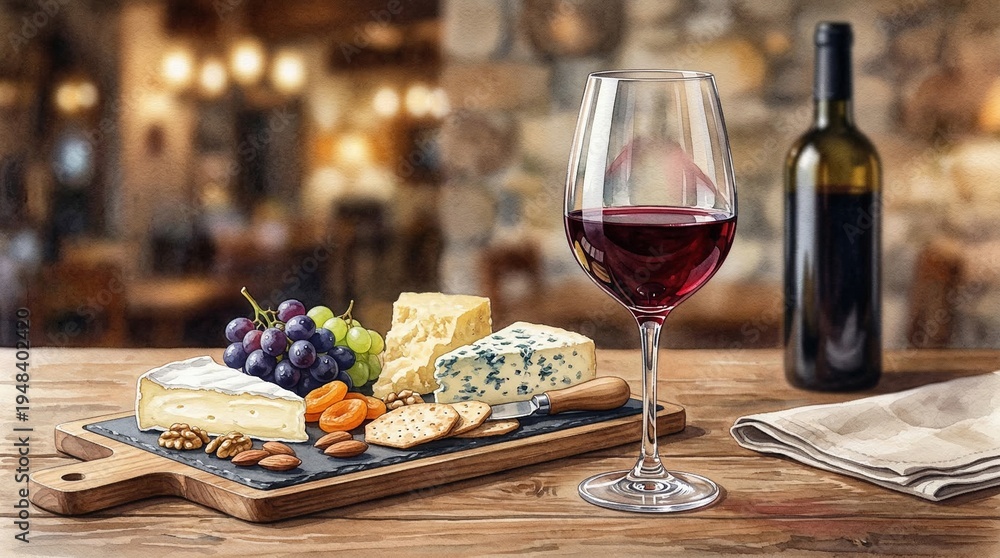 Naklejka premium Elegant Red Wine Glass and Bottle with Gourmet Cheese Board on Rustic Wooden Table in a Cozy Restaurant Setting