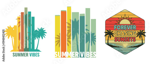 Colorful summer themed graphic designs featuring palm trees sunsets and the phrase summer vibes