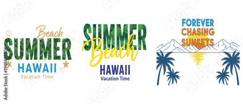 A vibrant collection of summer themed typographic designs featuring beach scenes sunsets and hawaiian motifs