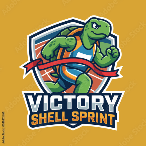 A vibrant and energetic turtle mascot running in a sprinting pose, symbolizing victory and determination, perfect for sports events and competitions aimed at youth engagement.