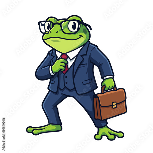 A cartoon frog dressed in a suit is depicted confidently holding a briefcase, representing business acumen and a humorous twist on corporate culture.