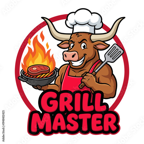 A fun and engaging illustration of a muscular bull chef holding grilling tools, conveying passion for cooking and grilling in a flashy, cartoon-like style suitable for food branding.