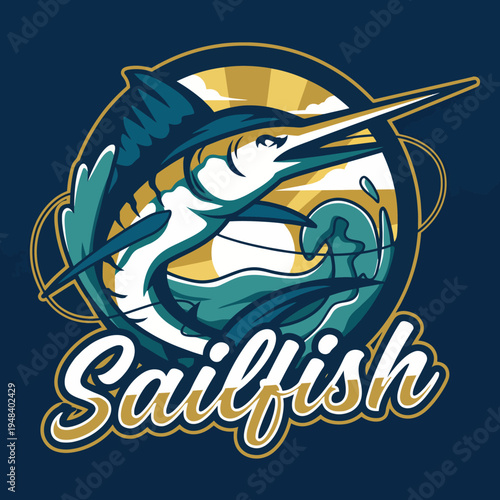 This colorful illustration features a dynamic sailfish leaping above stylized waves, capturing the essence of marine life and the thrill of sport fishing in a stunning design.