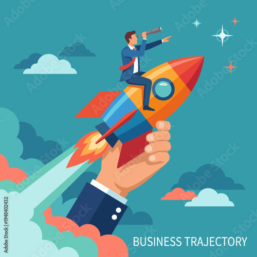 A businessman is seen riding a colorful rocket, symbolizing ambition and growth in the context of business success and exploring new frontiers in the corporate world.