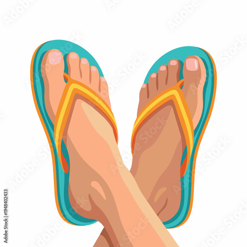 This playful illustration showcases a pair of colorful flip flops resting on a sandy surface, symbolizing relaxation, summer vibes, and carefree beach days perfect for holiday themes.