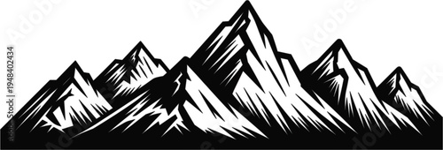 Majestic jagged mountain range vector illustration with bold black silhouettes and snowy peaks for outdoor adventure branding, nature travel logos, wilderness camping posters, and 
