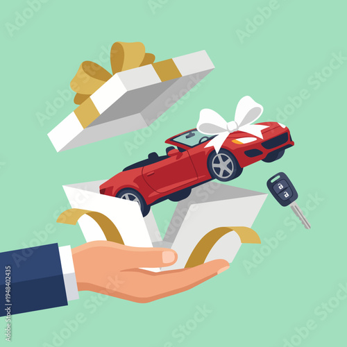 A luxury red convertible car is illustrated as a surprise gift inside an open box, embodying celebration and the thrill of receiving unexpected treasures.