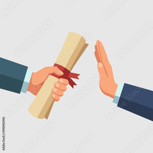 This thought-provoking image depicts a hand rejecting a diploma, representing choices, opportunities, and the complexities of educational paths and personal ambitions in modern life.
