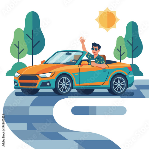 A cheerful driver waves while enjoying a refreshing drink driving a bright orange and teal convertible car on a winding road surrounded by trees and sunshine.