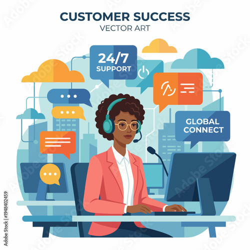 This vibrant illustration depicts a customer success representative wearing a headset, surrounded by communication icons, emphasizing the importance of support and connection in modern business.