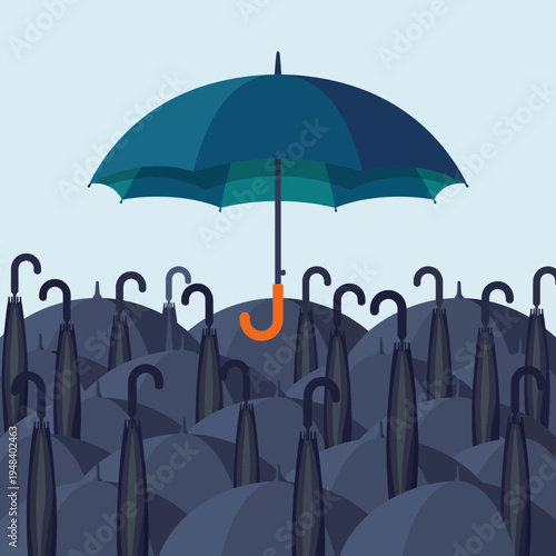 This striking illustration features a vibrant umbrella standing tall among a sea of monochromatic umbrellas, symbolizing individuality, uniqueness, and resilience in adversity.