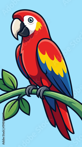 A striking scarlet macaw with vibrant red and yellow feathers perched on a green branch against a light blue backdrop, embodying the beauty of nature and wildlife.