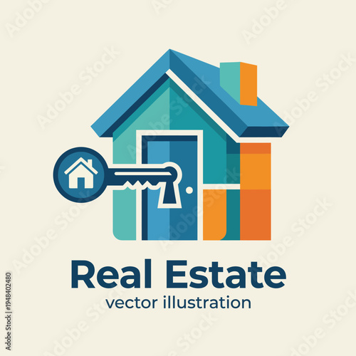 A modern house graphic featuring a key and a door symbolizes real estate, representing the dream of homeownership and the importance of finding the perfect property.
