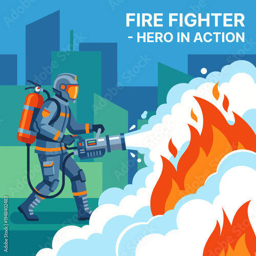 A heroic firefighter in action extinguishes flames with determination, highlighting the bravery and dedication of first responders in safeguarding lives and properties.