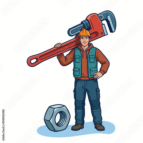 The image depicts a cheerful handyman character with a large wrench, highlighting home improvement, plumbing, and repair services in a friendly, inviting manner.